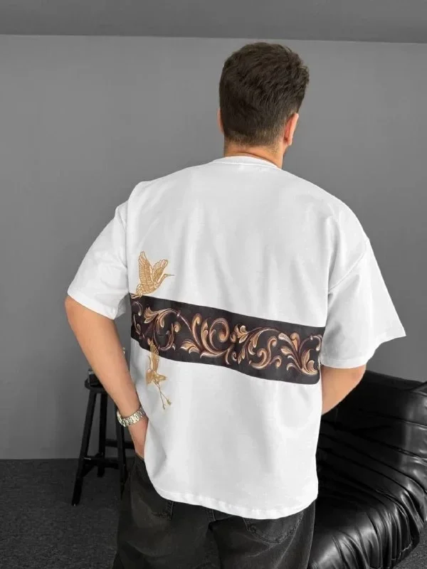 Lushiowear Erkek T-Shirt Ön ve Arka Baskılı Oversize Bisiklet Yaka tişort - Beyaz