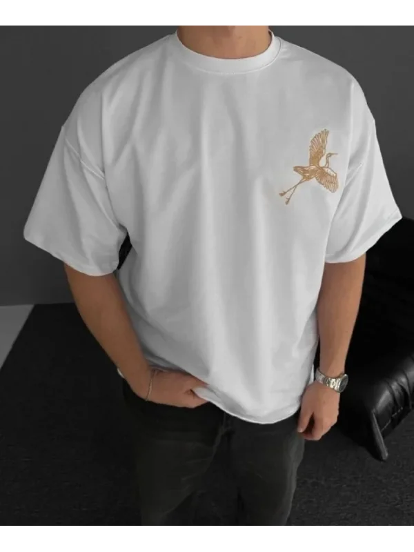Lushiowear Erkek T-Shirt Ön ve Arka Baskılı Oversize Bisiklet Yaka tişort - Beyaz