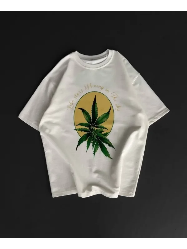 Lushiowear Erkek Kısa Kol Yazlık Tişört Bisiklet Yaka Baskılı Oversize T-Shirt - Beyaz