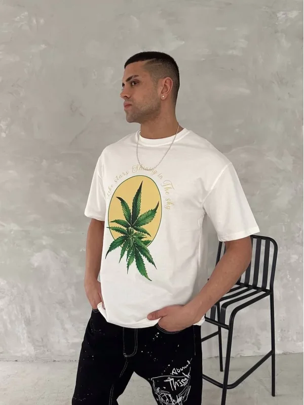 Lushiowear Erkek Kısa Kol Yazlık Tişört Bisiklet Yaka Baskılı Oversize T-Shirt - Beyaz