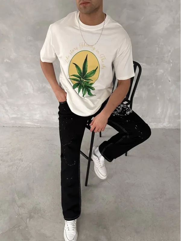 Lushiowear Erkek Kısa Kol Yazlık Tişört Bisiklet Yaka Baskılı Oversize T-Shirt - Beyaz