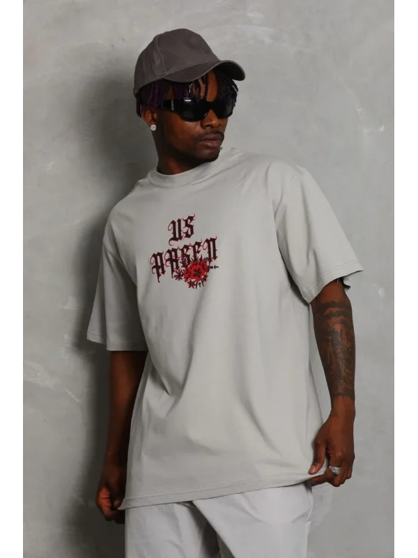 Lushiowear Erkek Kısa Kol Yazlık Tişört Bisiklet Yaka Baskılı Oversize T-Shirt - Gri