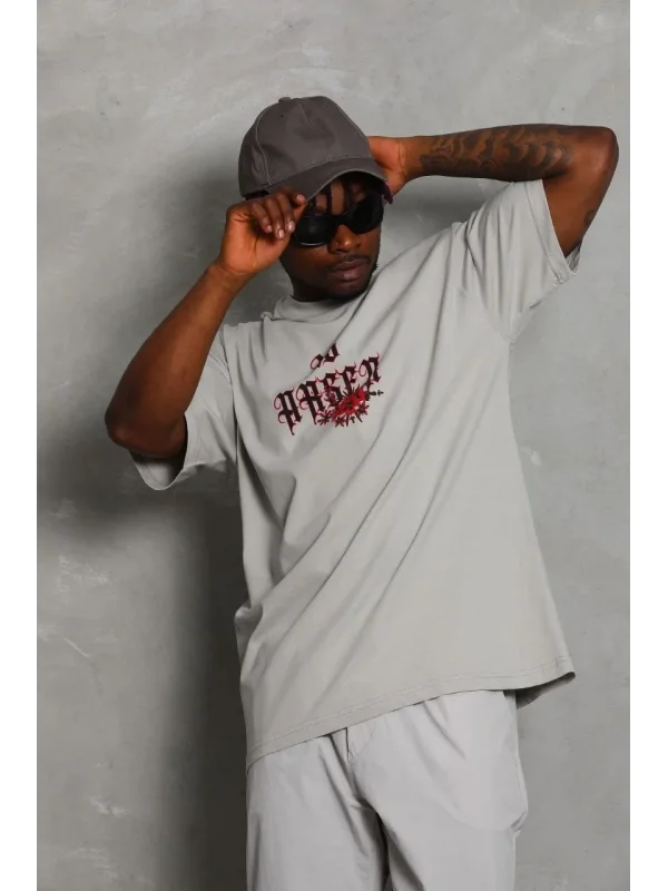 Lushiowear Erkek Kısa Kol Yazlık Tişört Bisiklet Yaka Baskılı Oversize T-Shirt - Gri