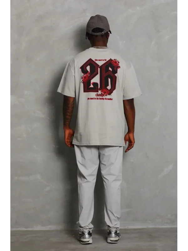 Lushiowear Erkek Kısa Kol Yazlık Tişört Bisiklet Yaka Baskılı Oversize T-Shirt - Gri