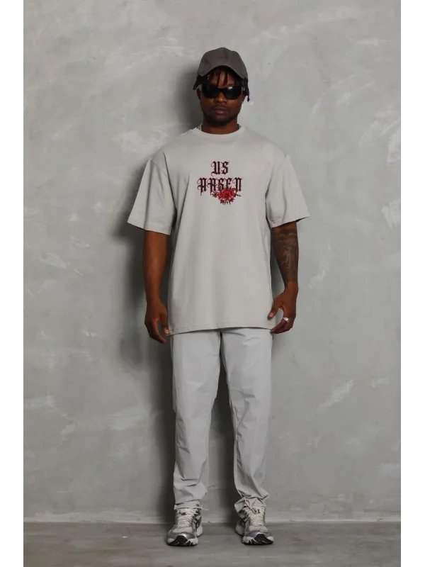 Lushiowear Erkek Kısa Kol Yazlık Tişört Bisiklet Yaka Baskılı Oversize T-Shirt - Gri
