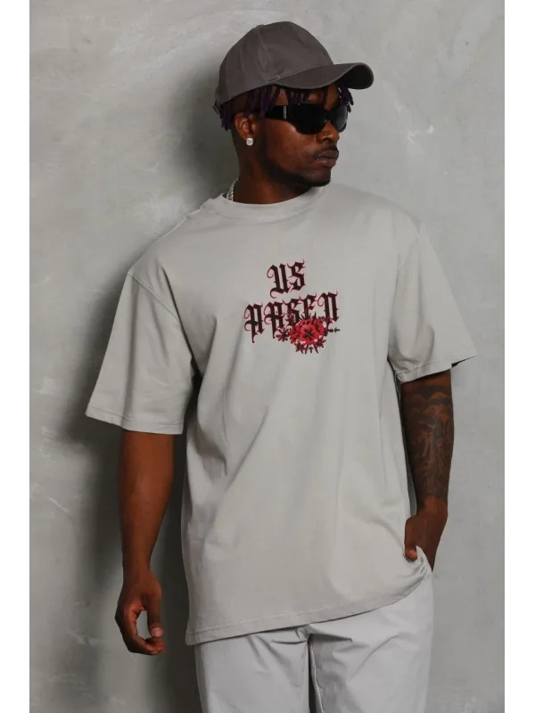Lushiowear Erkek Kısa Kol Yazlık Tişört Bisiklet Yaka Baskılı Oversize T-Shirt - Gri