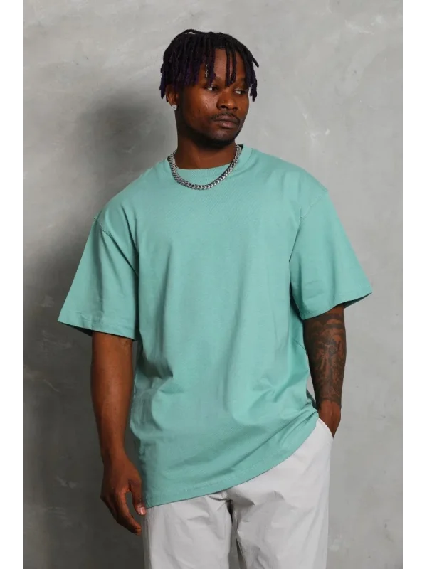 Lushiowear Erkek Düz Yazlık Kısa Kol Tişört Bisiklet Yaka Oversize T-Shirt - Mint Yeşili