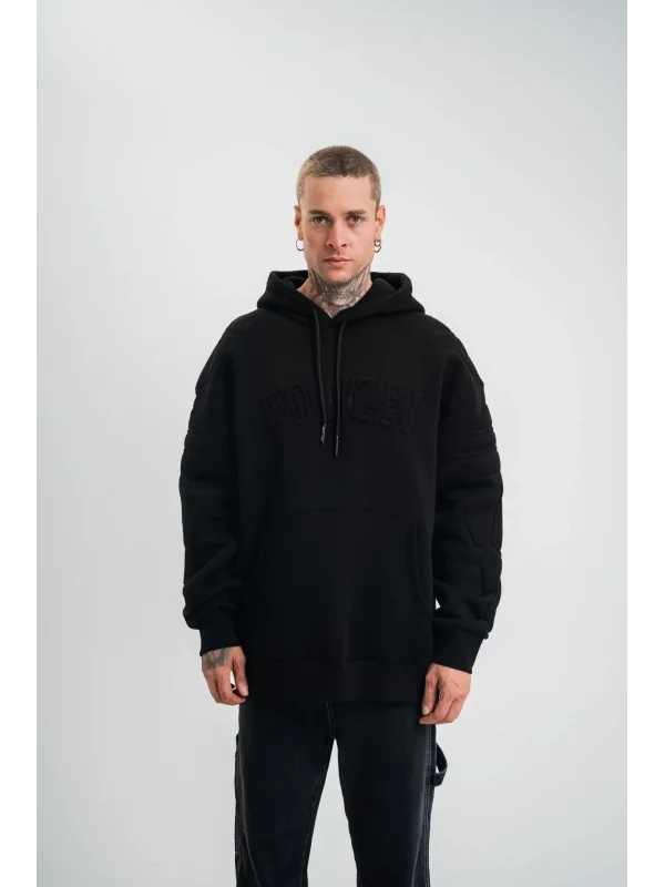 Lushiowear Erkek 3 İplik Pamuklu Oversize Kapüşonlu Nakışlı Hoodie SweatShirt - Siyah