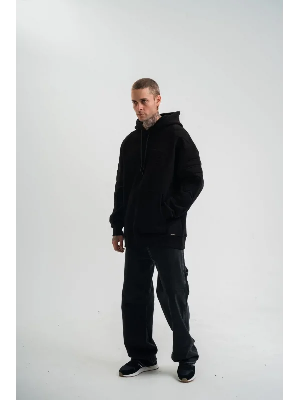 Lushiowear Erkek 3 İplik Pamuklu Oversize Kapüşonlu Nakışlı Hoodie SweatShirt - Siyah