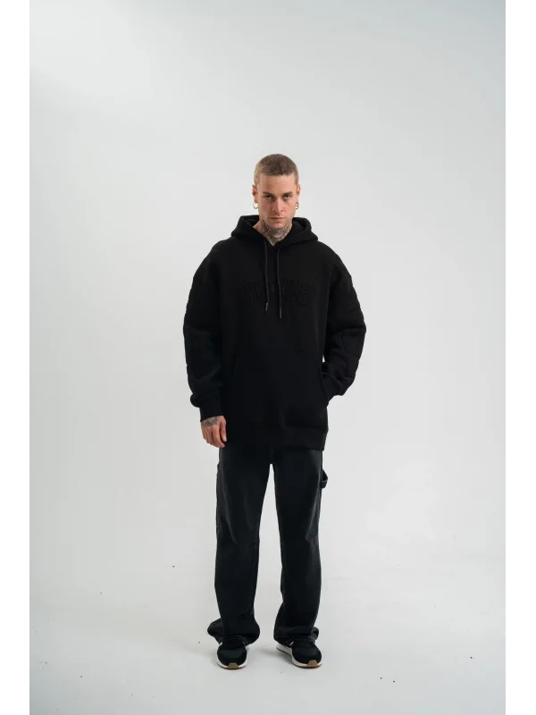 Lushiowear Erkek 3 İplik Pamuklu Oversize Kapüşonlu Nakışlı Hoodie SweatShirt - Siyah
