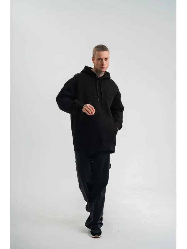 Lushiowear Erkek 3 İplik Pamuklu Oversize Kapüşonlu Nakışlı Hoodie SweatShirt - Siyah