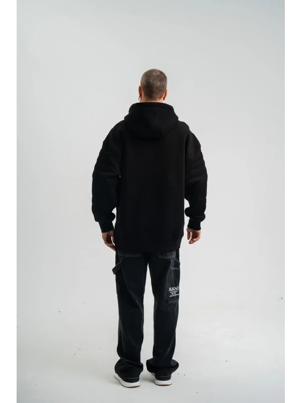 Lushiowear Erkek 3 İplik Pamuklu Oversize Kapüşonlu Nakışlı Hoodie SweatShirt - Siyah