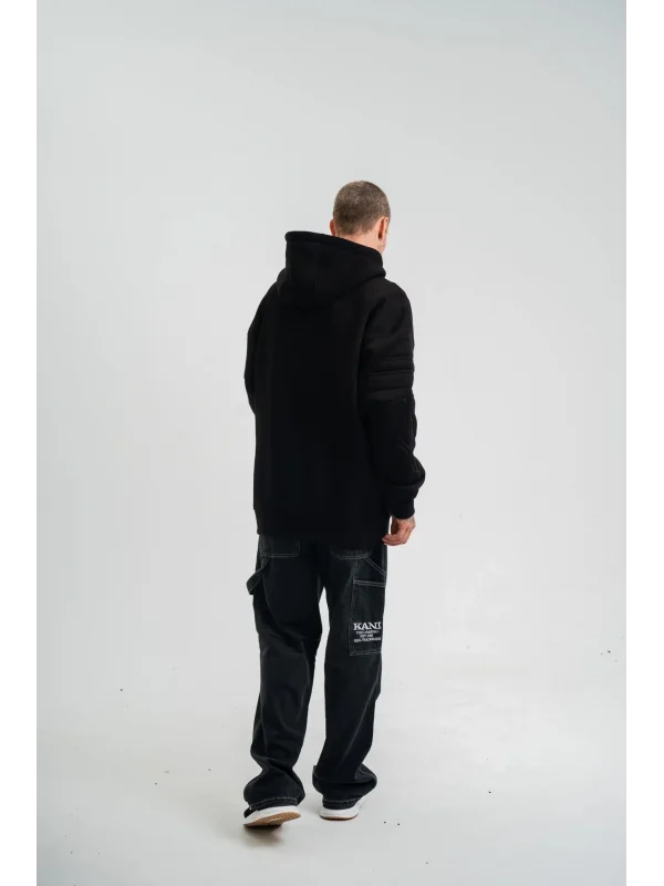 Lushiowear Erkek 3 İplik Pamuklu Oversize Kapüşonlu Nakışlı Hoodie SweatShirt - Siyah