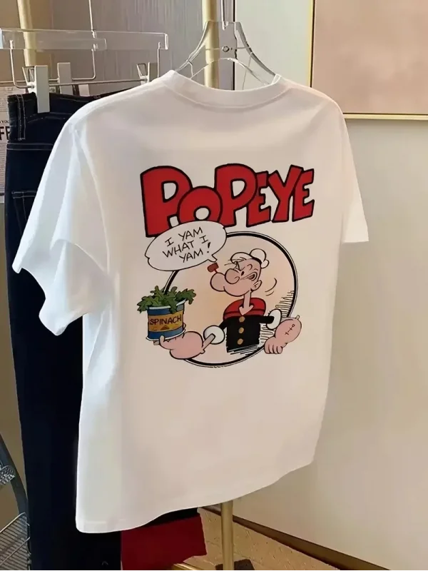 Lushiowear Erkek T-Shirt Oversize Kısa kol Tişört Popeye Baskılı - Beyaz