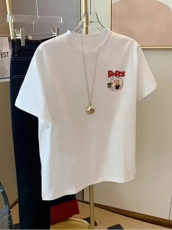Lushiowear Erkek T-Shirt Oversize Kısa kol Tişört Popeye Baskılı - Beyaz