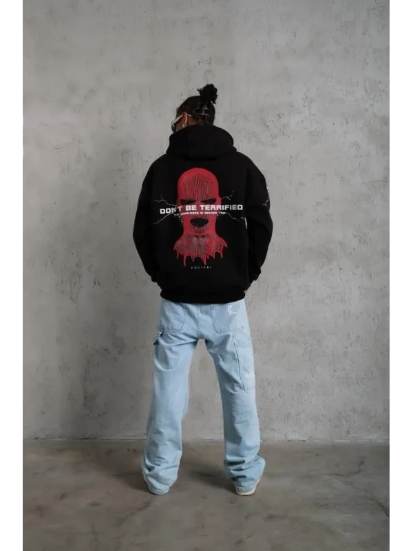 Lushiowear Erkek Kapüşonlu Kanguru Cepli Sweatshirt 3 İplik Pamuklu Baskılı Hoodie - Siyah
