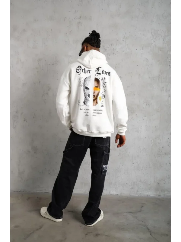 Lushiowear Erkek Kapüşonlu Kanguru Cepli Sweatshirt 3 İplik Pamuklu Baskılı Hoodie - Beyaz