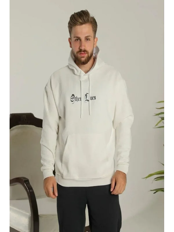 Lushiowear Erkek Kapüşonlu Kanguru Cepli Sweatshirt 3 İplik Pamuklu Baskılı Hoodie - Beyaz