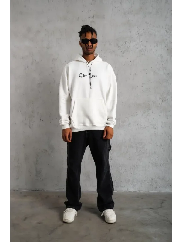 Lushiowear Erkek Kapüşonlu Kanguru Cepli Sweatshirt 3 İplik Pamuklu Baskılı Hoodie - Beyaz