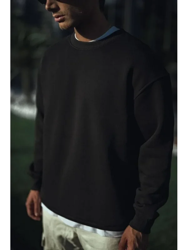 Lushiowear Erkek pamuklu Bisiklet Yaka 3 İplik Basic SweatShirt - Siyah