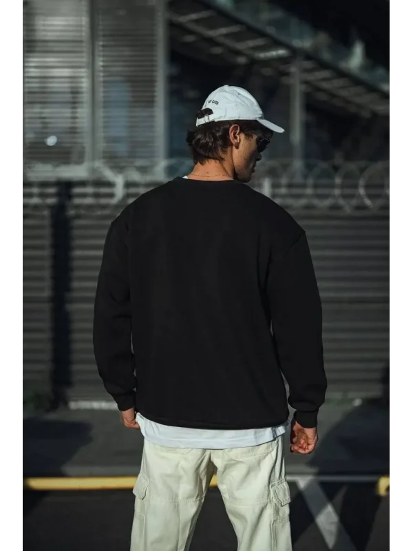 Lushiowear Erkek pamuklu Bisiklet Yaka 3 İplik Basic SweatShirt - Siyah