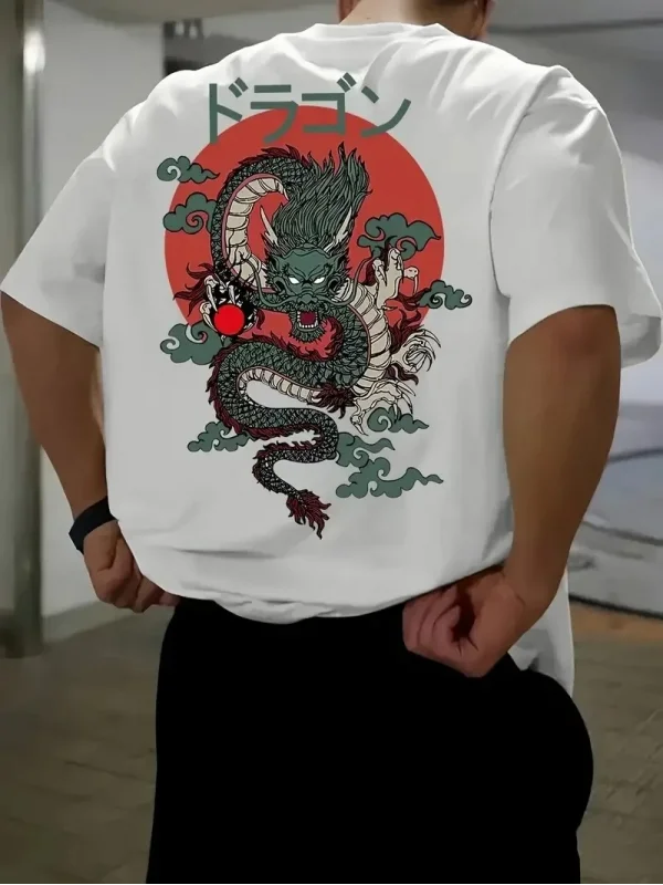 Lushiowear Erkek Tişört Penye Compack Ejder Baskılı Bisiklet Yaka T-shirt - Beyaz