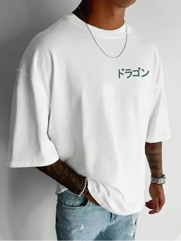 Lushiowear Erkek Tişört Penye Compack Ejder Baskılı Bisiklet Yaka T-shirt - Beyaz
