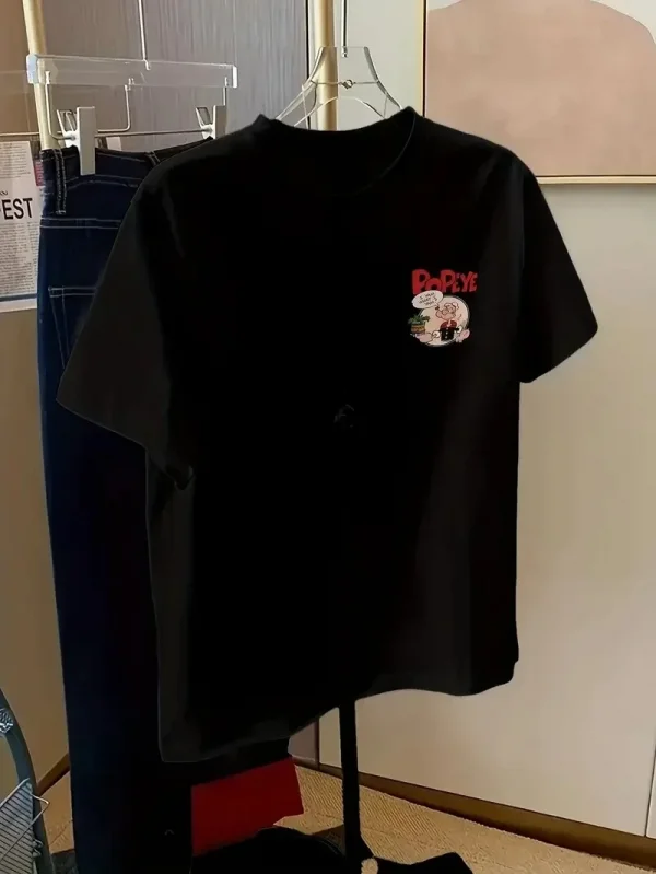 Lushiowear Kadın Ön ve Arka Baskılı T-Shirt Kısa Kol Bisiklet Yaka Regular Fit Tişört - Siyah