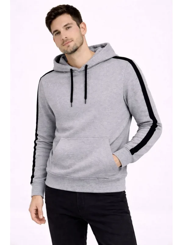 Lushiowear Erkek Şeritli Kapüşonlu Sweatshirt Oversize 3 iplik Pamuklu Hoodie - Gri