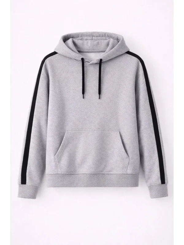 Lushiowear Erkek Şeritli Kapüşonlu Sweatshirt Oversize 3 iplik Pamuklu Hoodie - Gri