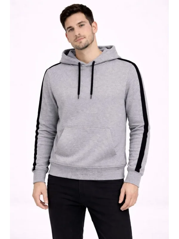 Lushiowear Erkek Şeritli Kapüşonlu Sweatshirt Oversize 3 iplik Pamuklu Hoodie - Gri