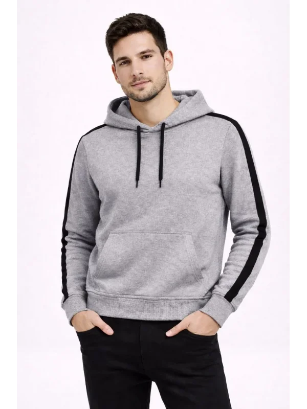 Lushiowear Erkek Şeritli Kapüşonlu Sweatshirt Oversize 3 iplik Pamuklu Hoodie - Gri