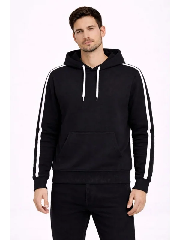 Lushiowear Erkek Şeritli Kapüşonlu Sweatshirt Oversize 3 iplik Pamuklu Hoodei - Siyah
