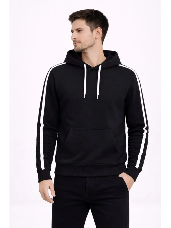 Lushiowear Erkek Şeritli Kapüşonlu Sweatshirt Oversize 3 iplik Pamuklu Hoodei - Siyah