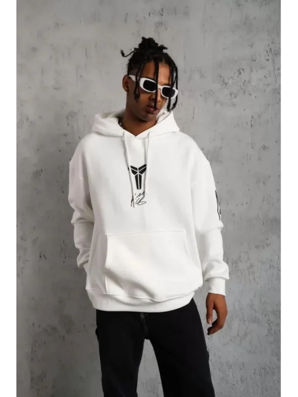 Lushiowear BErkek 3 İplik Pamuklu Kapüşonlu Baskılı Cepli Oversize Sweatshirt Hoodie - eyaz