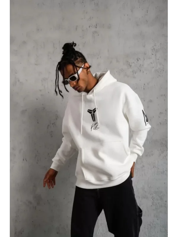 Lushiowear BErkek 3 İplik Pamuklu Kapüşonlu Baskılı Cepli Oversize Sweatshirt Hoodie - eyaz