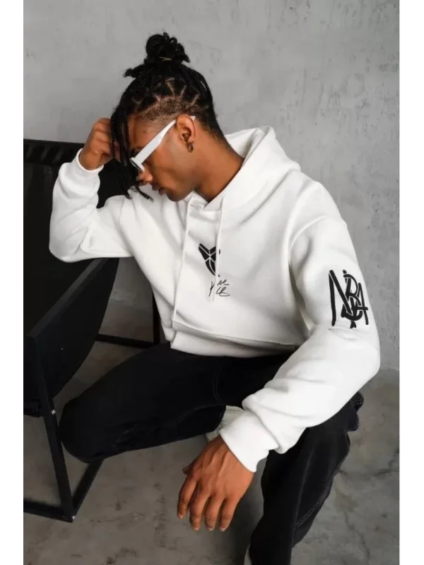 Lushiowear BErkek 3 İplik Pamuklu Kapüşonlu Baskılı Cepli Oversize Sweatshirt Hoodie - eyaz