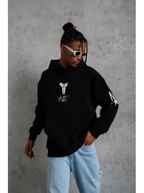 Lushiowear Erkek 3 İplik Pamuklu Kapüşonlu Kanguru Cepli Baskılı Oversize Hoodie Sweatshirt - Siyah