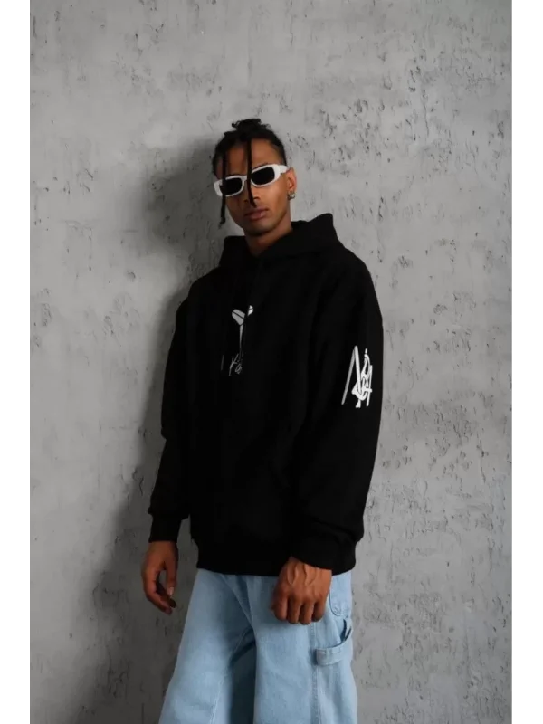 Lushiowear Erkek 3 İplik Pamuklu Kapüşonlu Kanguru Cepli Baskılı Oversize Hoodie Sweatshirt - Siyah