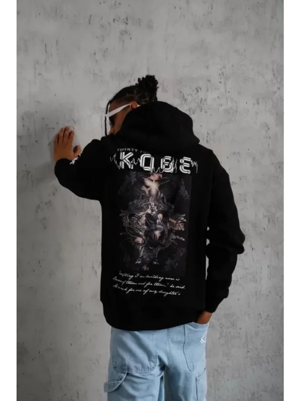 Lushiowear Erkek 3 İplik Pamuklu Kapüşonlu Kanguru Cepli Baskılı Oversize Hoodie Sweatshirt - Siyah