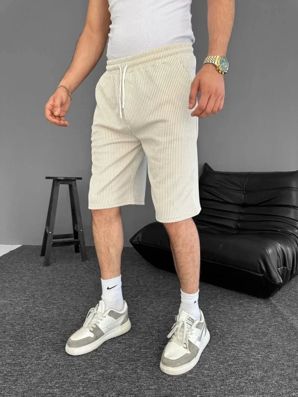 Lushiowear Erkek Su Yolu Çizgili Ön Arka Cepli Şort - Bej