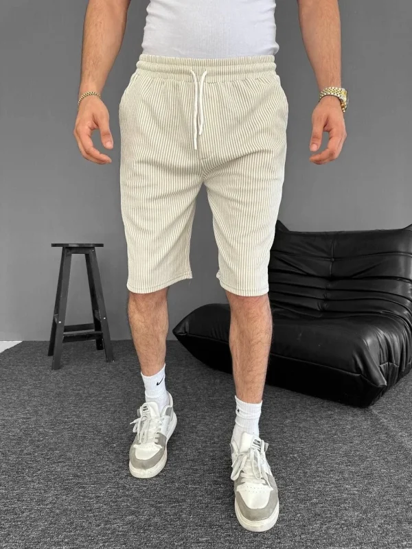 Lushiowear Erkek Su Yolu Çizgili Ön Arka Cepli Şort - Bej