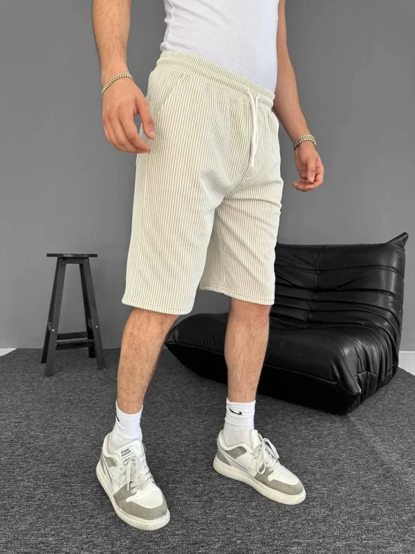 Lushiowear Erkek Su Yolu Çizgili Ön Arka Cepli Şort - Bej