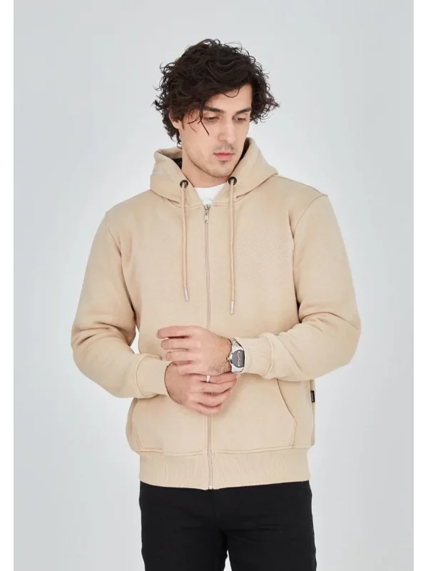 Lushiowear Erkek 3 İplik Pamuklu Kapüşonlu Tam Fermuarlı Cepli Hoodie Sweatshirt - Bej