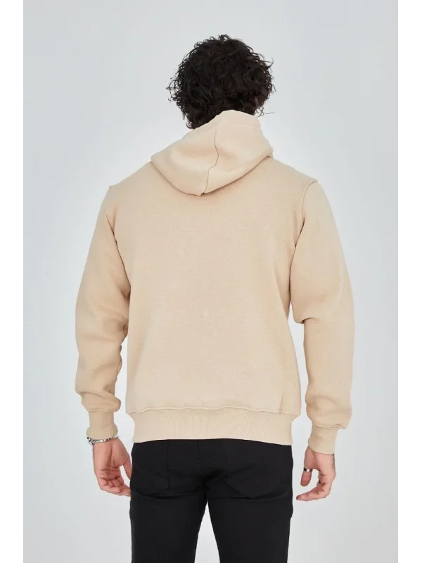 Lushiowear Erkek 3 İplik Pamuklu Kapüşonlu Tam Fermuarlı Cepli Hoodie Sweatshirt - Bej