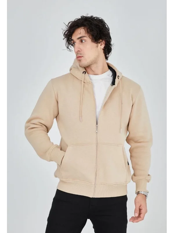 Lushiowear Erkek 3 İplik Pamuklu Kapüşonlu Tam Fermuarlı Cepli Hoodie Sweatshirt - Bej
