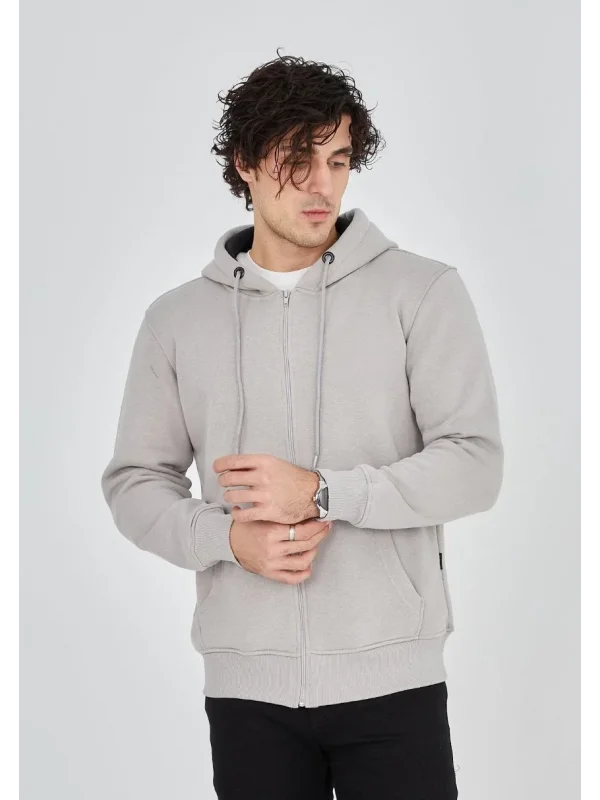 Lushiowear Erkek 3 İplik Pamuklu Kapüşonlu Tam Fermuarlı Cepli Hoodie Sweatshirt - Boyalı Gri