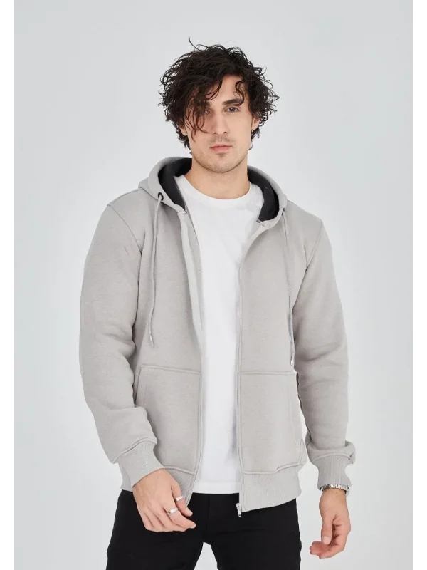 Lushiowear Erkek 3 İplik Pamuklu Kapüşonlu Tam Fermuarlı Cepli Hoodie Sweatshirt - Boyalı Gri