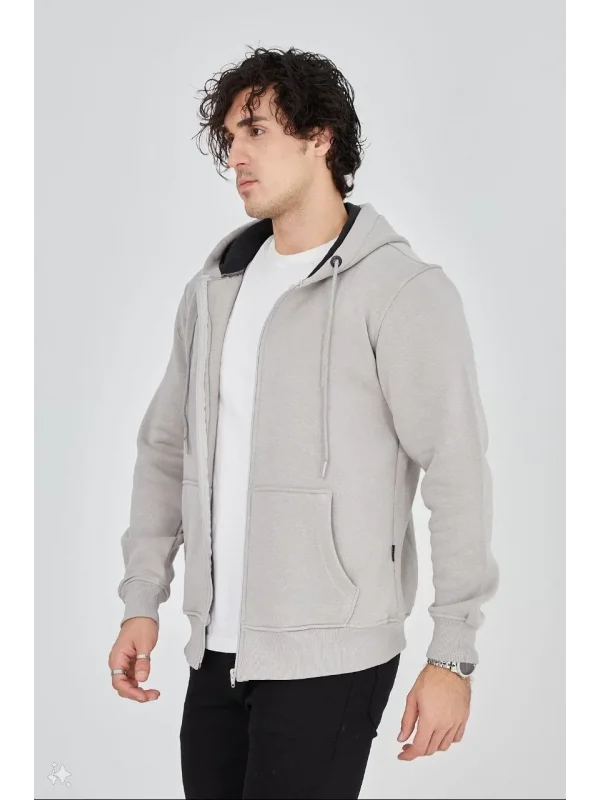 Lushiowear Erkek 3 İplik Pamuklu Kapüşonlu Tam Fermuarlı Cepli Hoodie Sweatshirt - Boyalı Gri