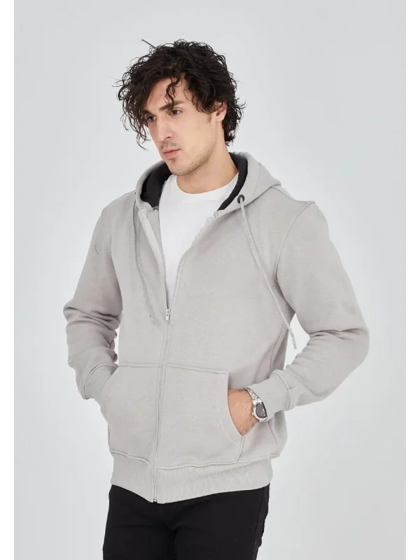 Lushiowear Erkek 3 İplik Pamuklu Kapüşonlu Tam Fermuarlı Cepli Hoodie Sweatshirt - Boyalı Gri